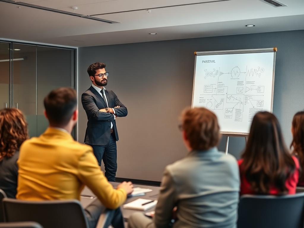 Profissionais em reunião estratégica de evolução de carreira